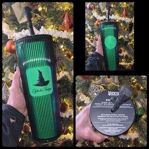Starbucks WICKED Elphaba Green and Black Tumbler with cute BROOM straw topper!